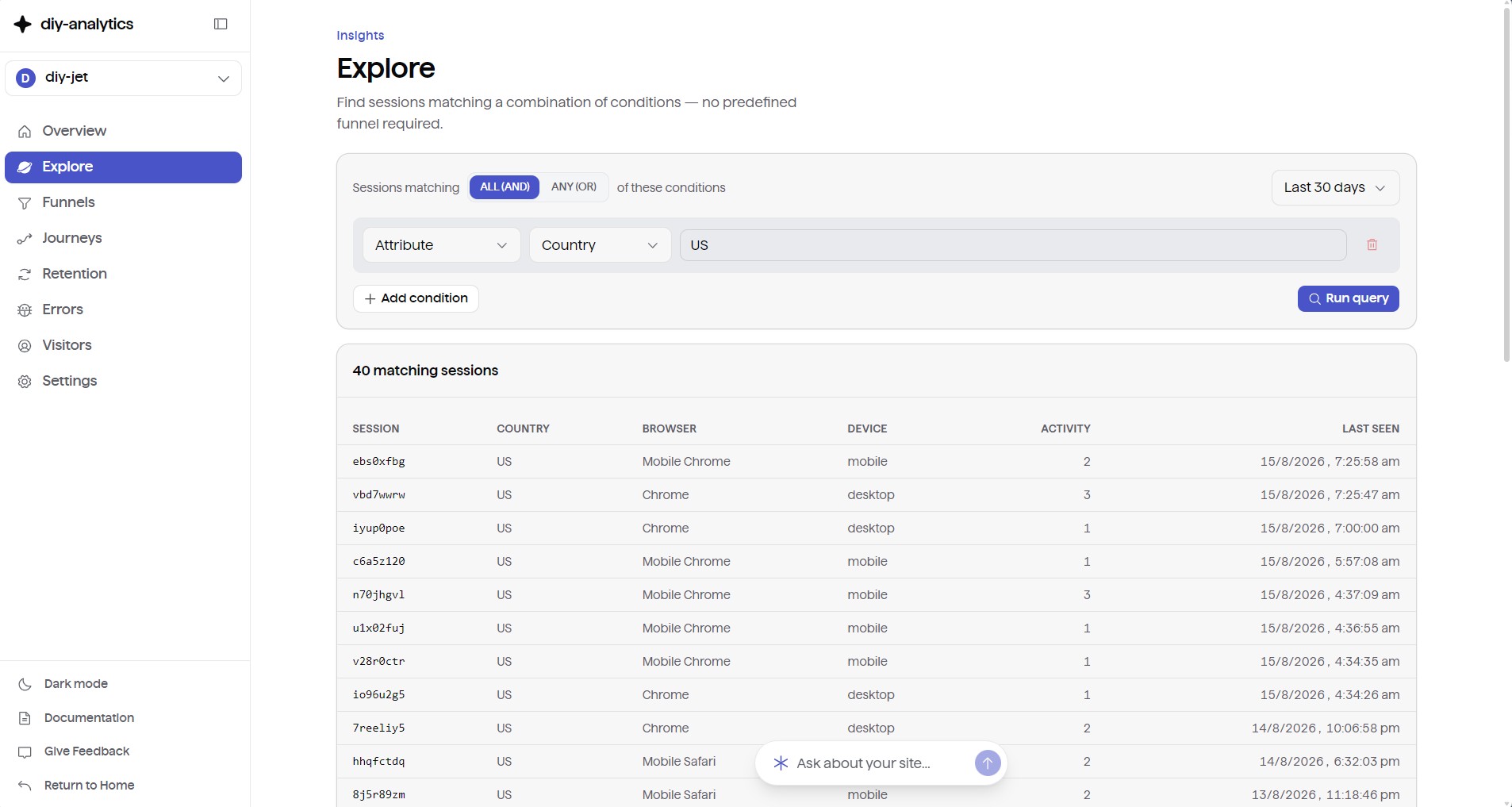 Explore sessions with custom filter conditions