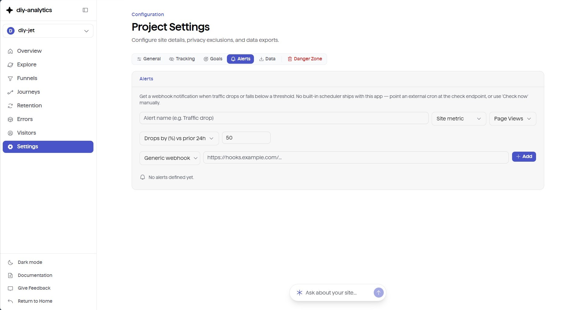 Project Settings — Alerts tab